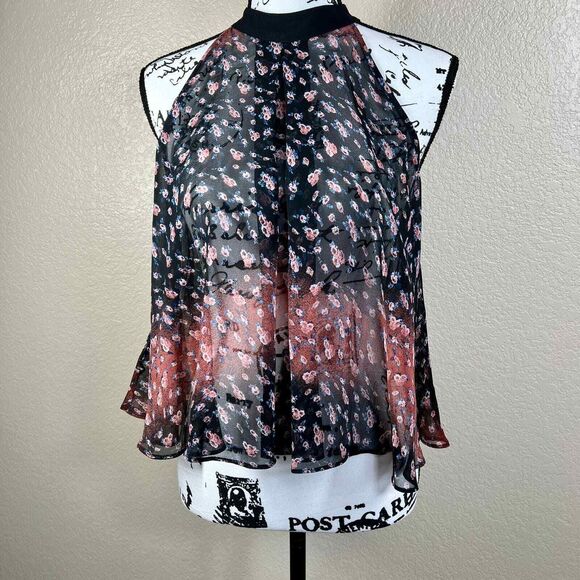 BCBGeneration Black top Pink Sheer Floral Garland Neck Tunic Tank Blouse size S - Picture 7 of 14